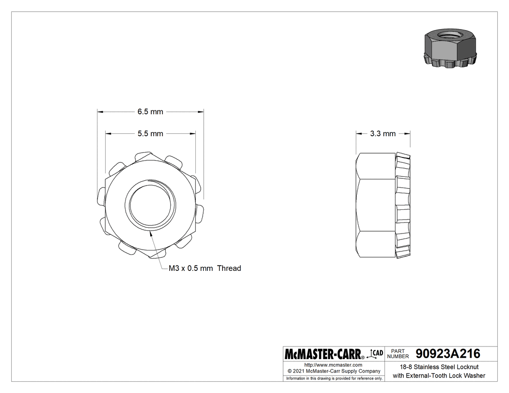 Technical Drawing of 18-8 Stainless Steel Locknut with External-Tooth Lock Washer, M3 x 0.5 mm Thread Size.